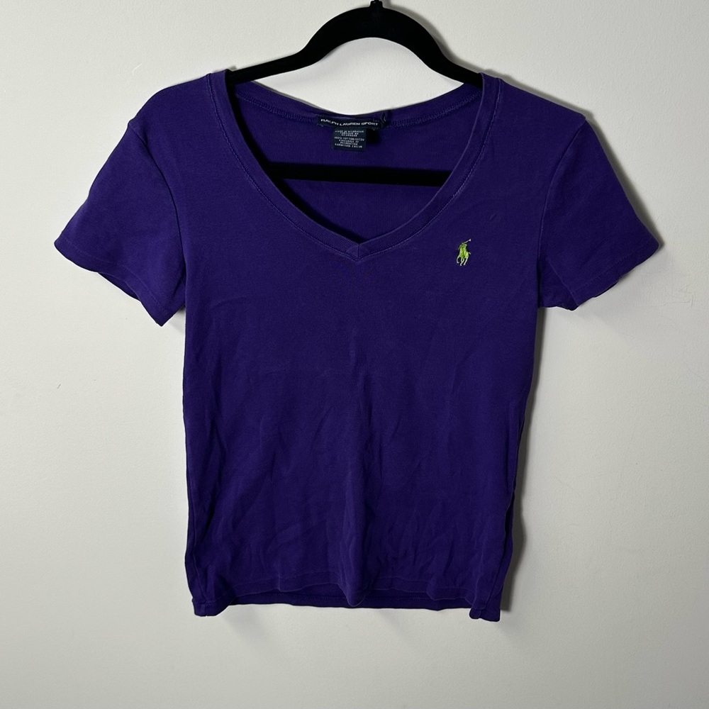 Y2K RALPH LAUREN SPORT women's purple green v-neck polo horse tee, L.